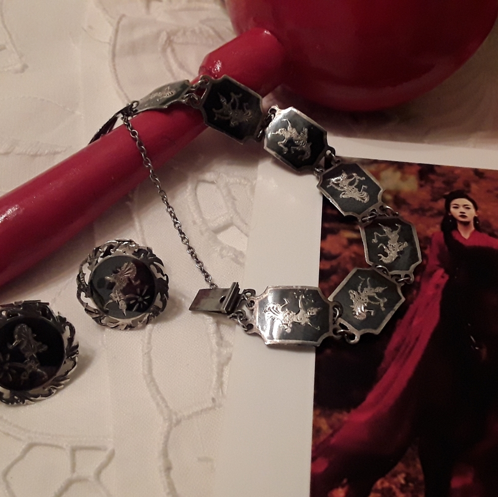 ANTIQUE, 925 STERLING, SIAM NIELLO DANCER BRACELET & EARRINGS SET